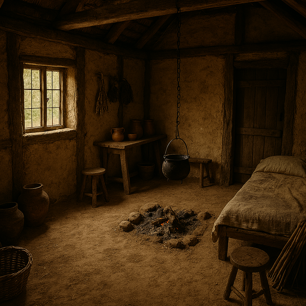 View of the inside of the cottage, it is brown, rustic, and dark