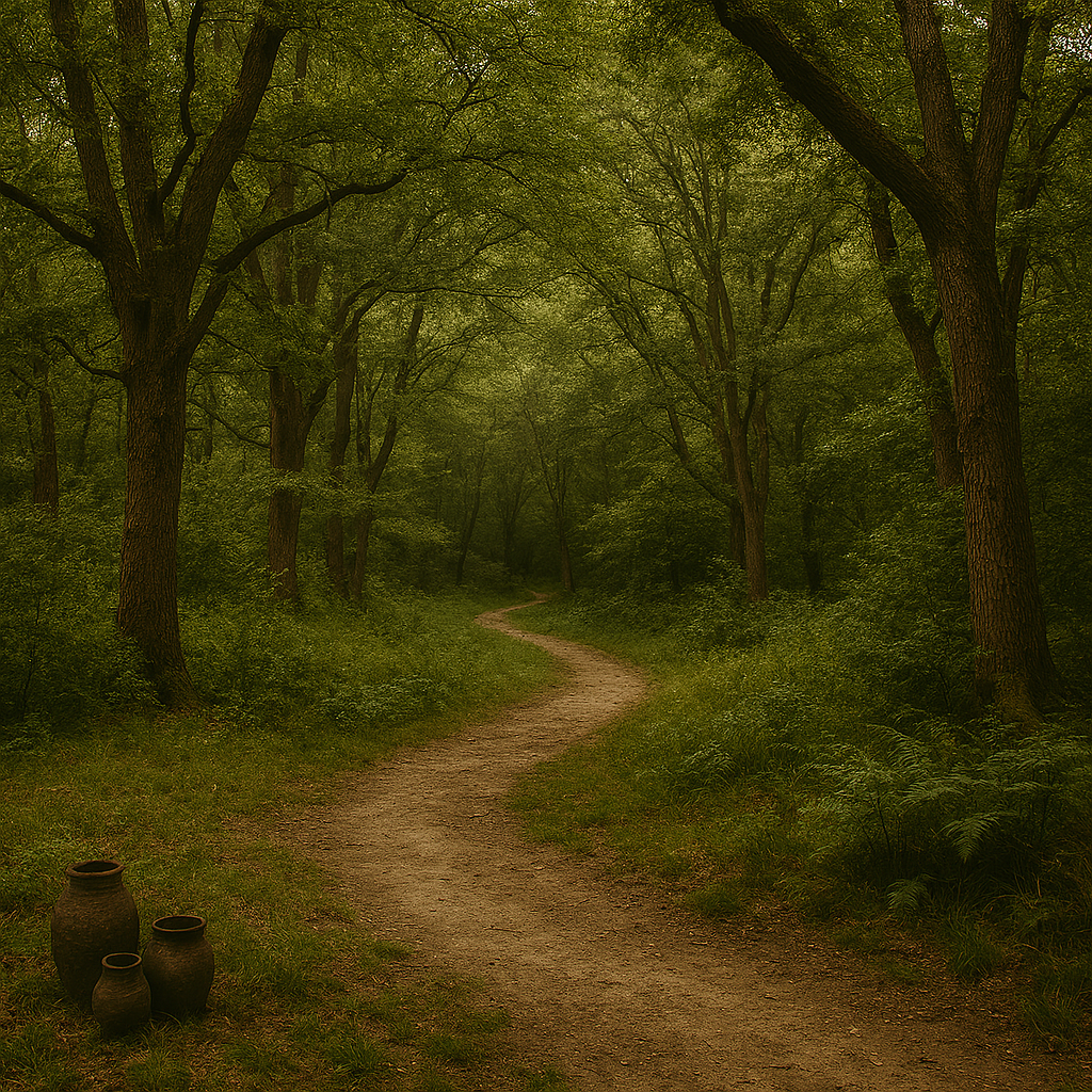 Image displaying a view into the forest behind the cottage, it is green and mellow